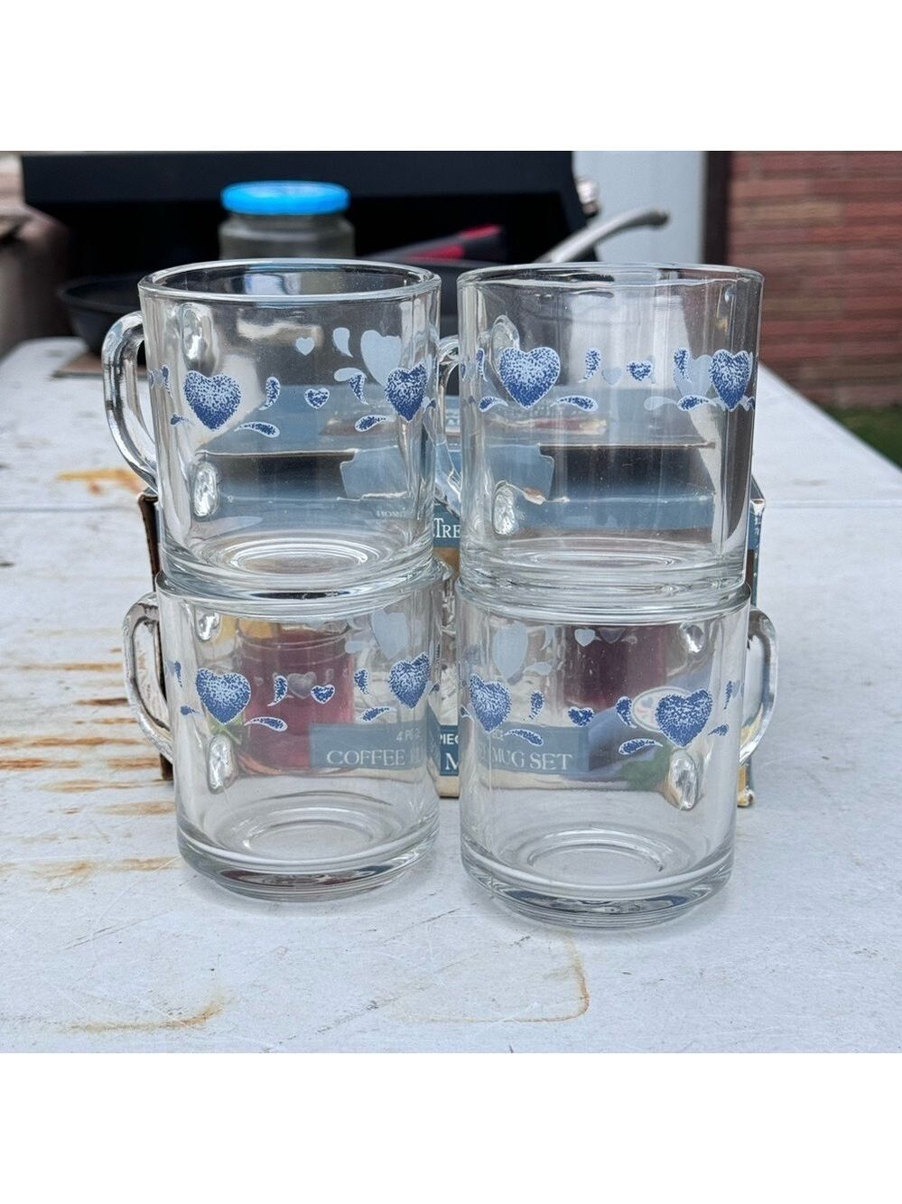 𝅺Vintage in box Anchor Hocking Glasses. Blue Hearts coffee tea 10 oz